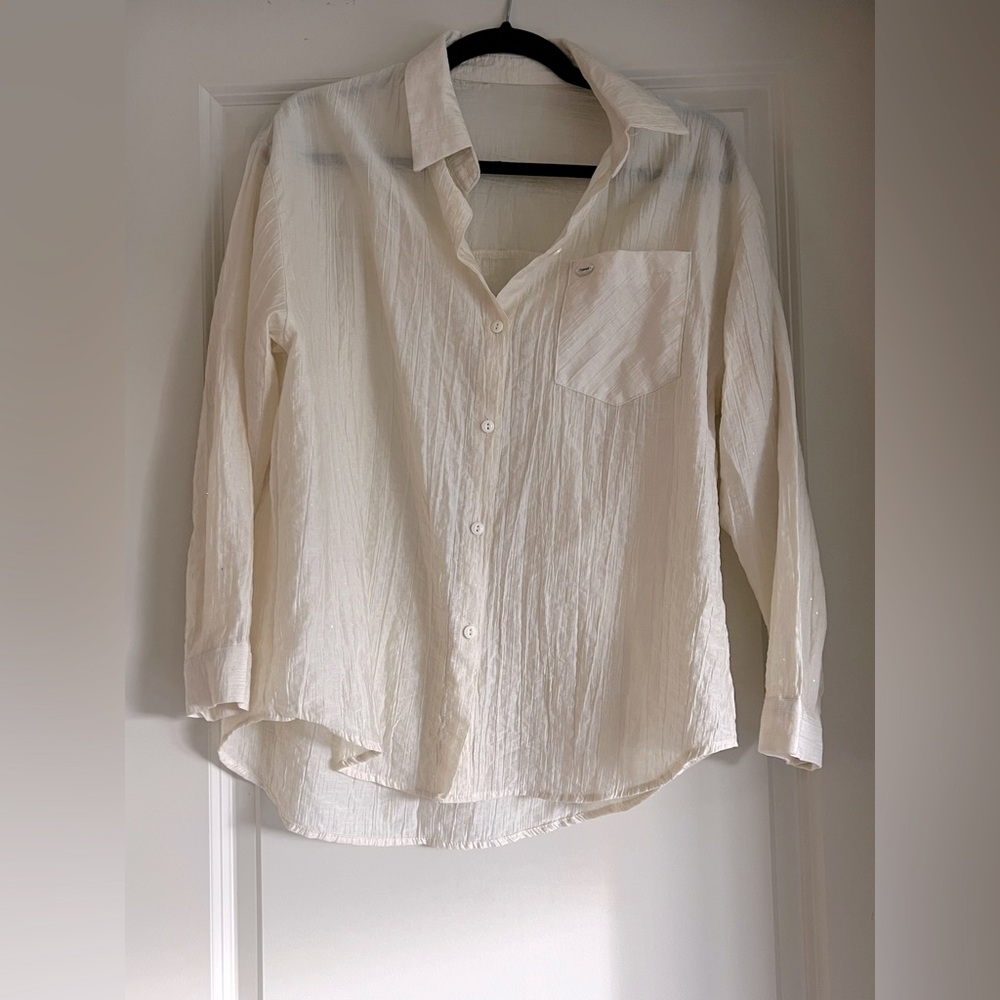 Women’s Cream Textured Button-Up Shirt – Relaxed Fit, Casual Chic